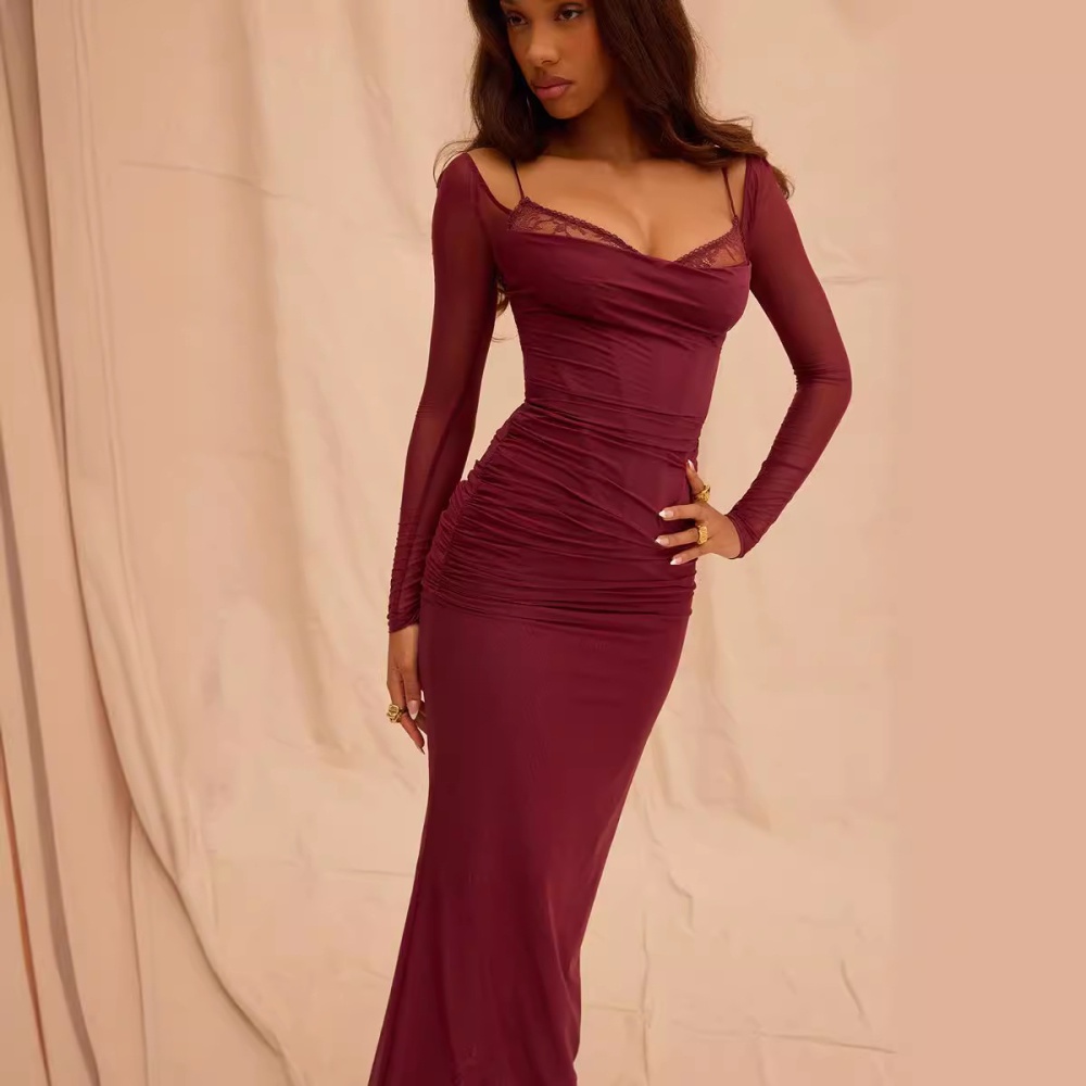 Fashion long sleeve halter split slim dress for women