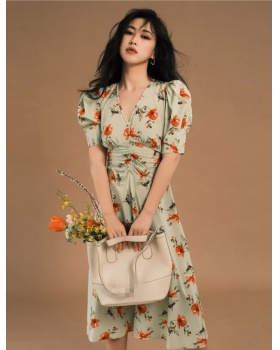 Summer floral temperament pinched waist dress for women