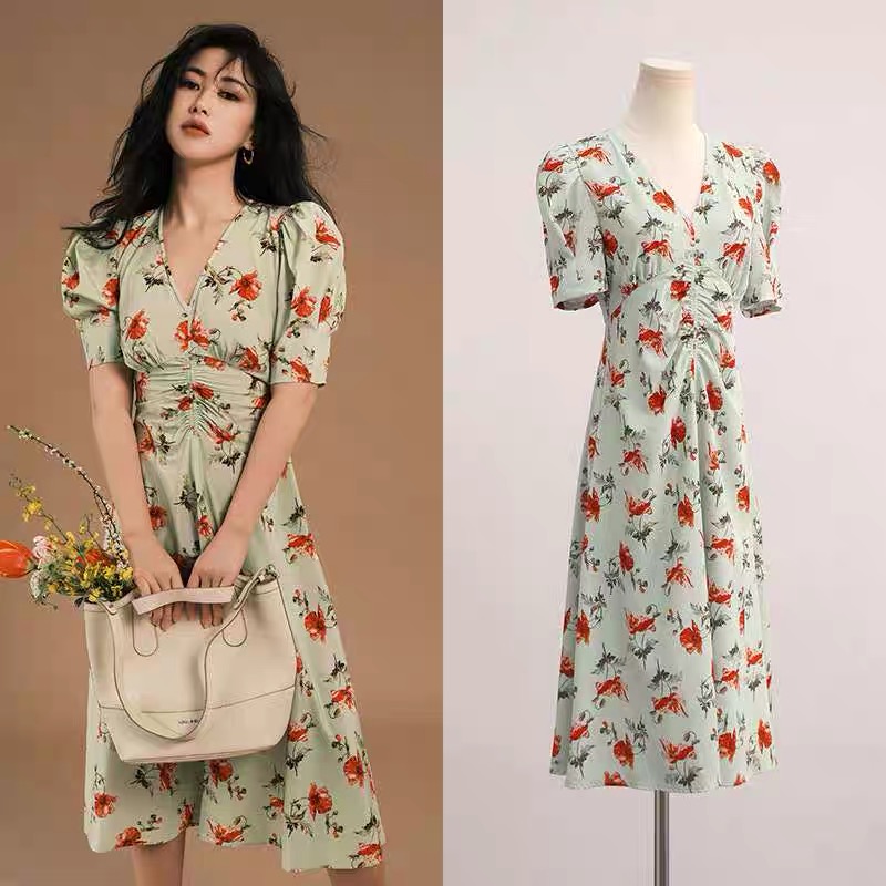 Summer floral temperament pinched waist dress for women