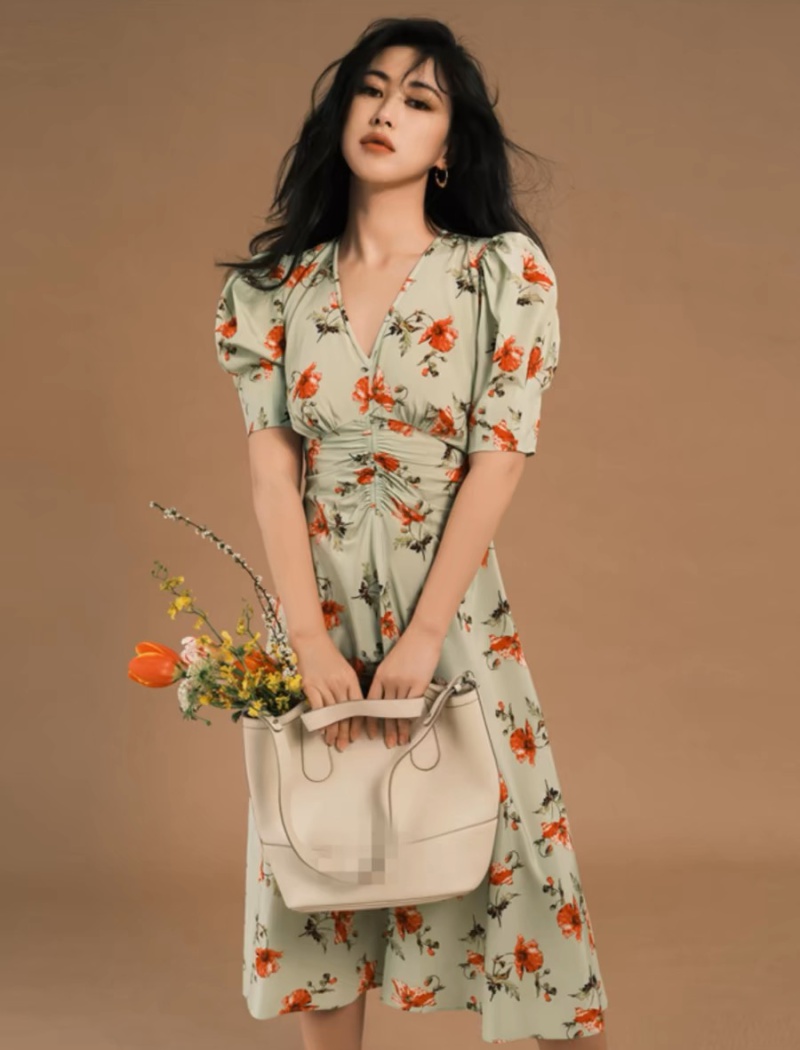 Summer floral temperament pinched waist dress for women