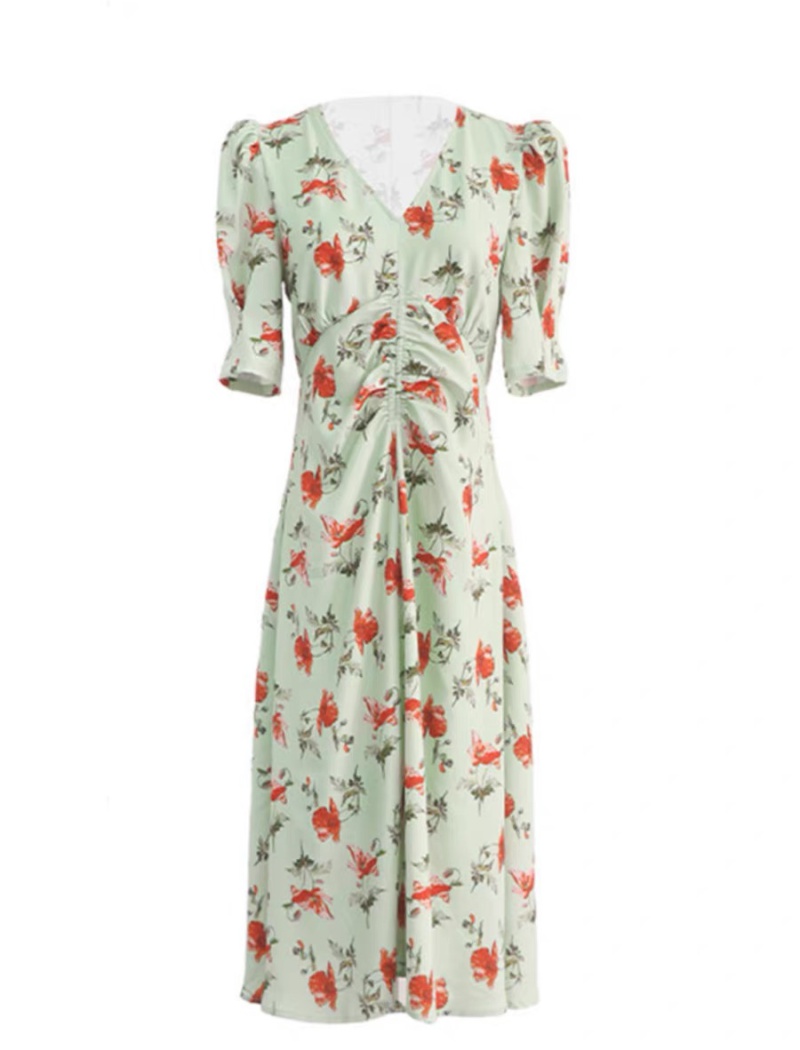 Summer floral temperament pinched waist dress for women