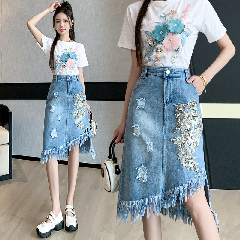 Flowers printing tassels denim holes irregular skirt