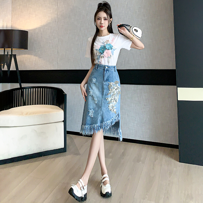 Flowers printing tassels denim holes irregular skirt