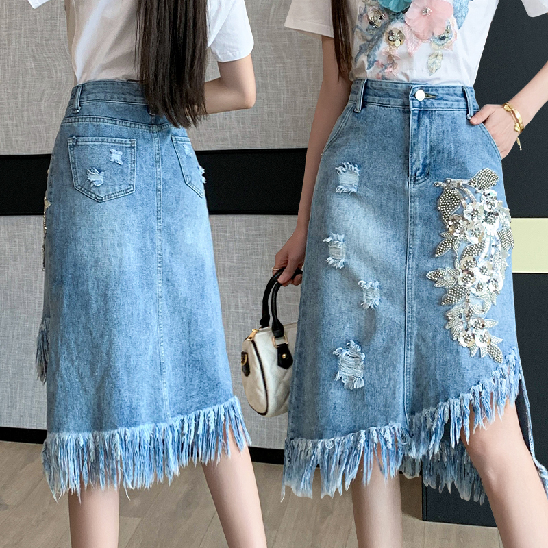 Flowers printing tassels denim holes irregular skirt