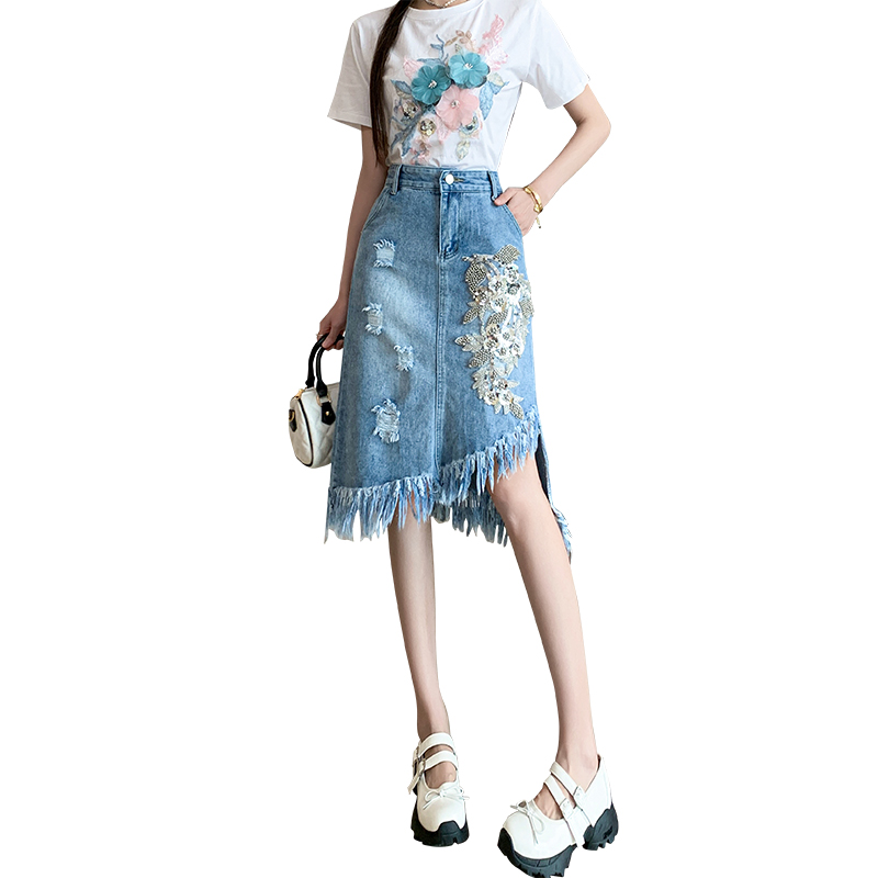 Flowers printing tassels denim holes irregular skirt