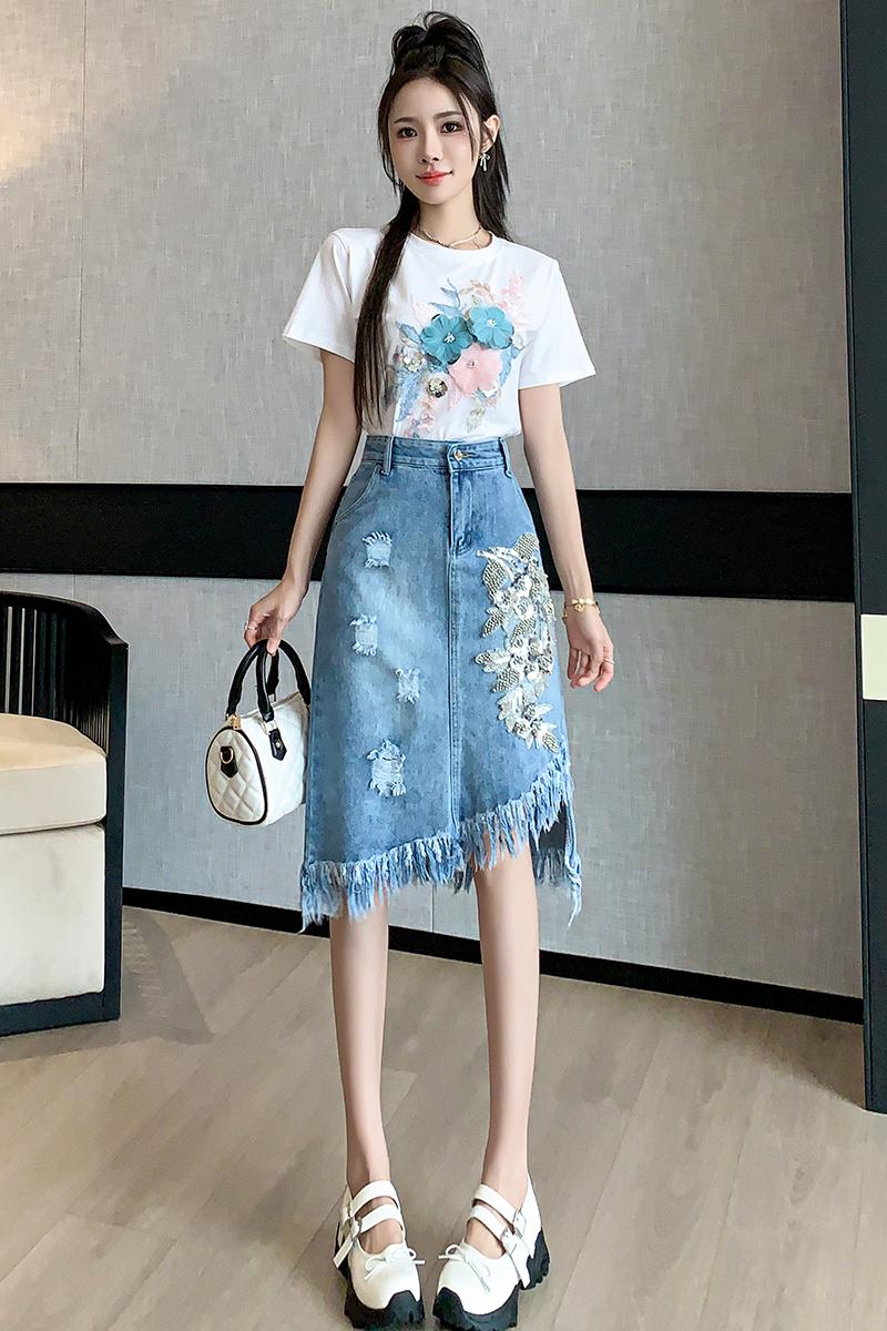 Flowers printing tassels denim holes irregular skirt