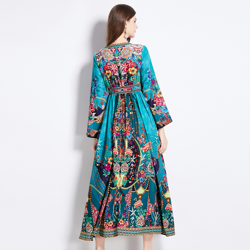 Spring pinched waist printing long sleeve dress