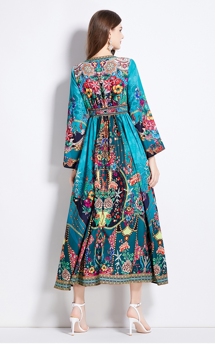 Spring pinched waist printing long sleeve dress