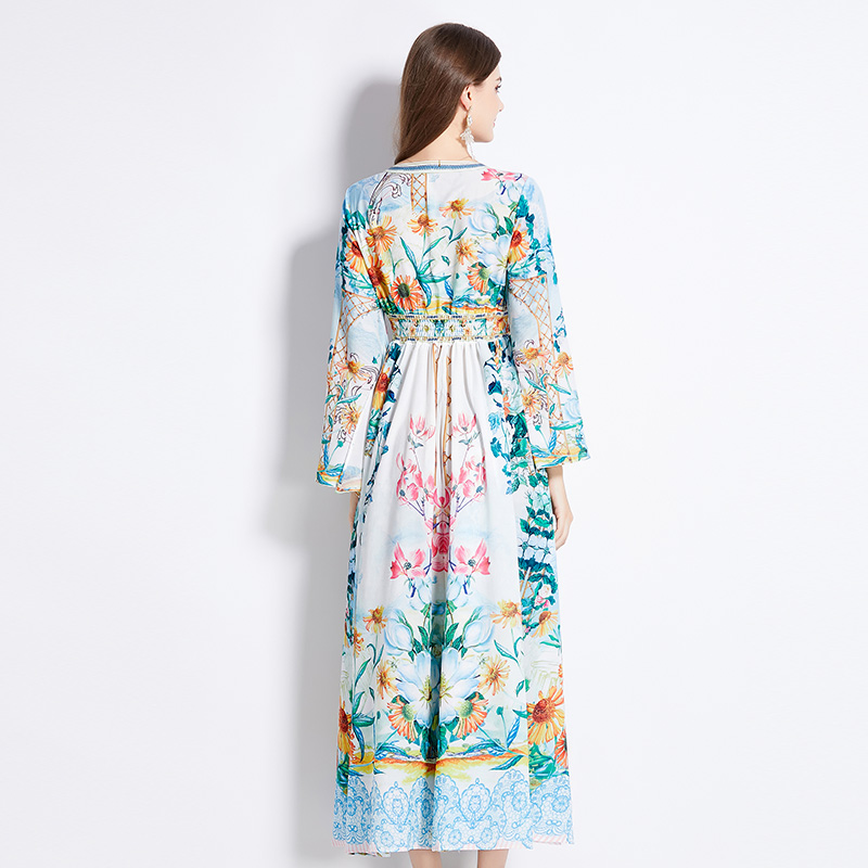 Spring vacation V-neck long sleeve temperament dress