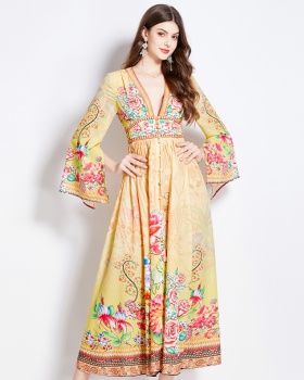 Pinched waist printing temperament vacation spring dress