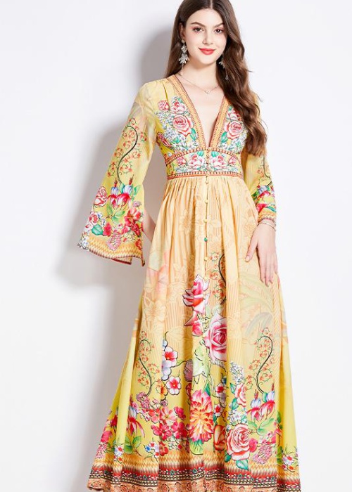 Pinched waist printing temperament vacation spring dress