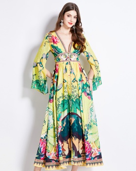 V-neck pinched waist vacation spring printing dress