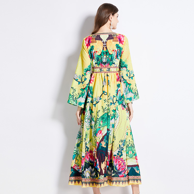 V-neck pinched waist vacation spring printing dress