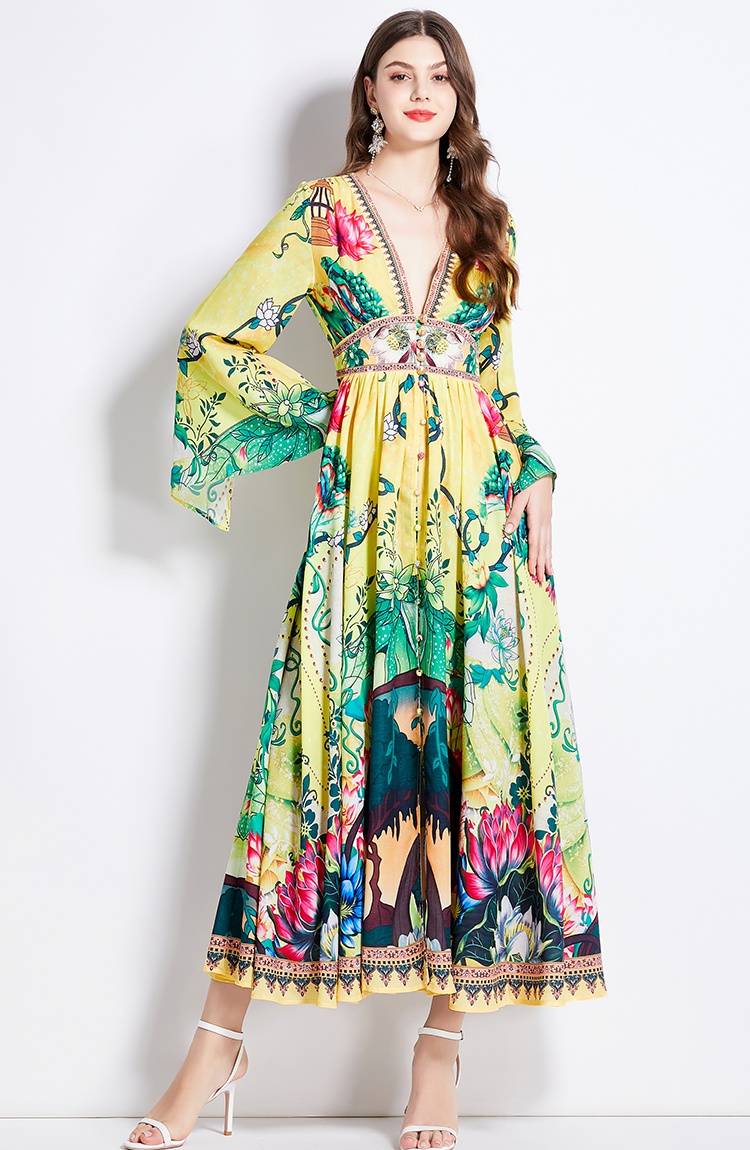 V-neck pinched waist vacation spring printing dress