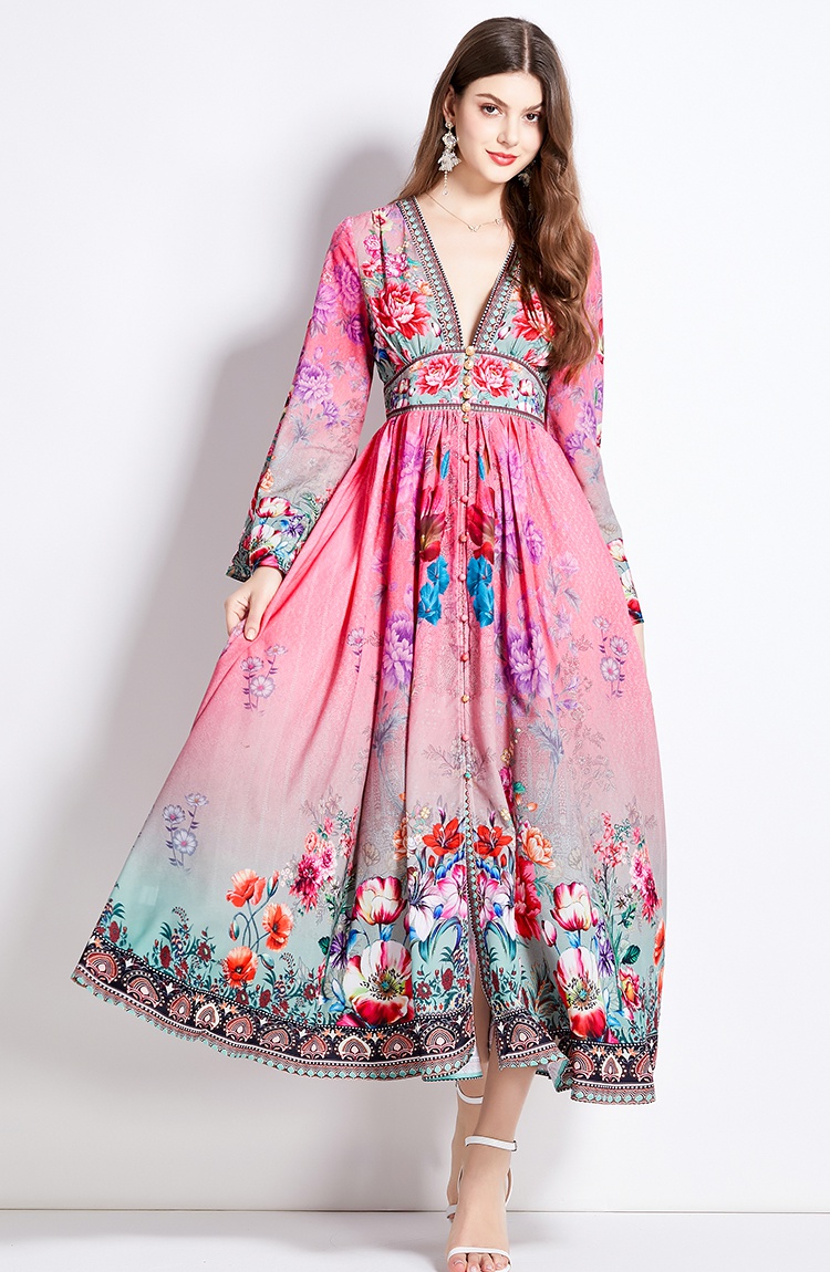 Printing vacation V-neck pinched waist dress