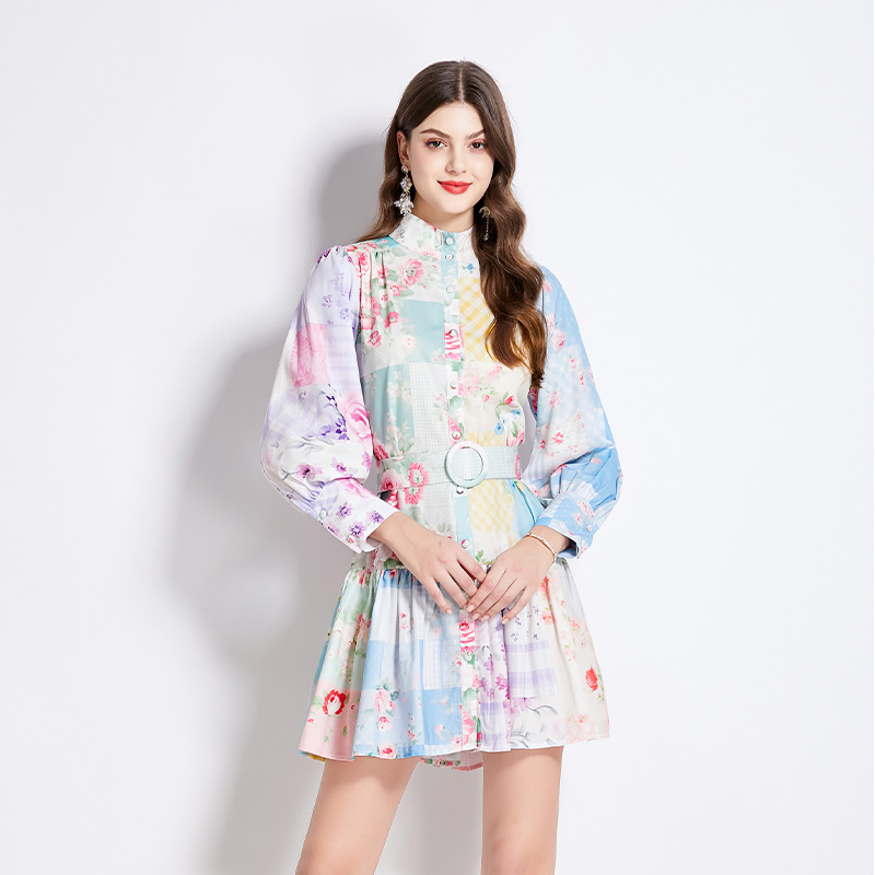 Retro temperament printing long sleeve slim splice long dress