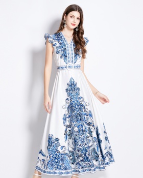 Printing temperament boats sleeve national style dress