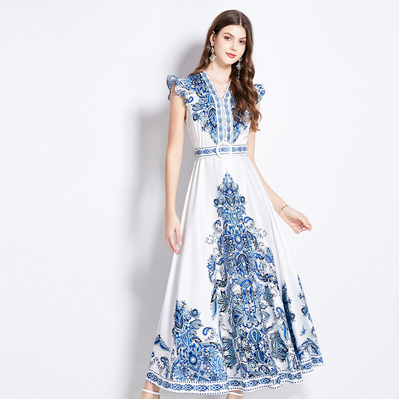 Printing temperament boats sleeve national style dress