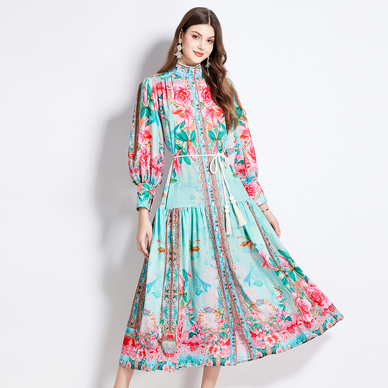 National style retro lantern sleeve flowers dress