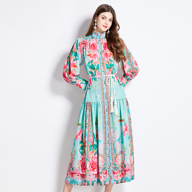 National style retro lantern sleeve flowers dress