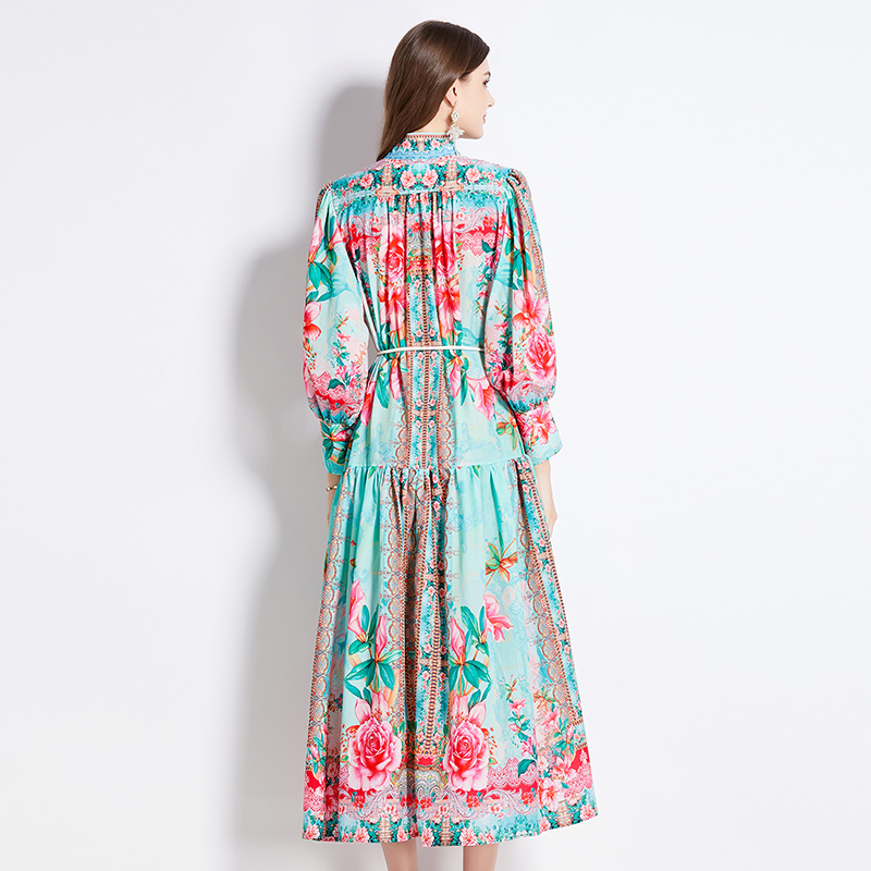 National style retro lantern sleeve flowers dress