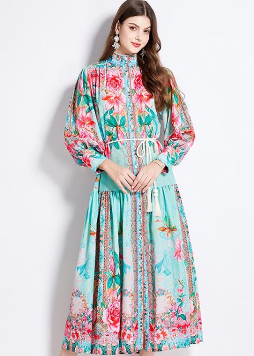 National style retro lantern sleeve flowers dress