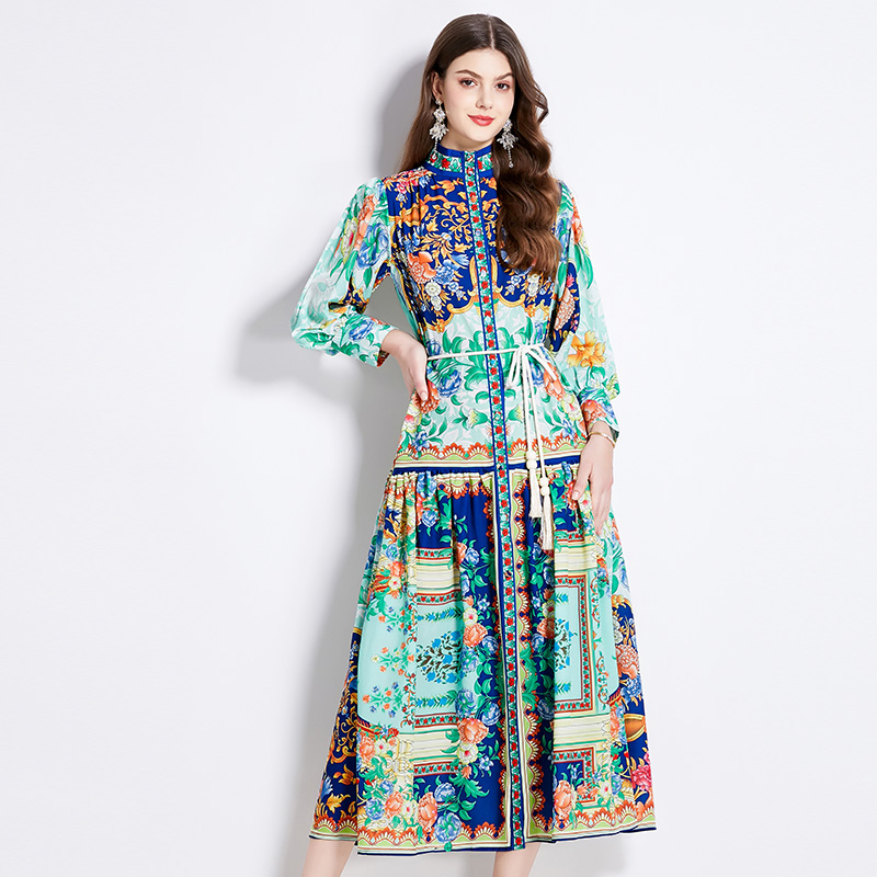 Printing lantern sleeve retro national style dress