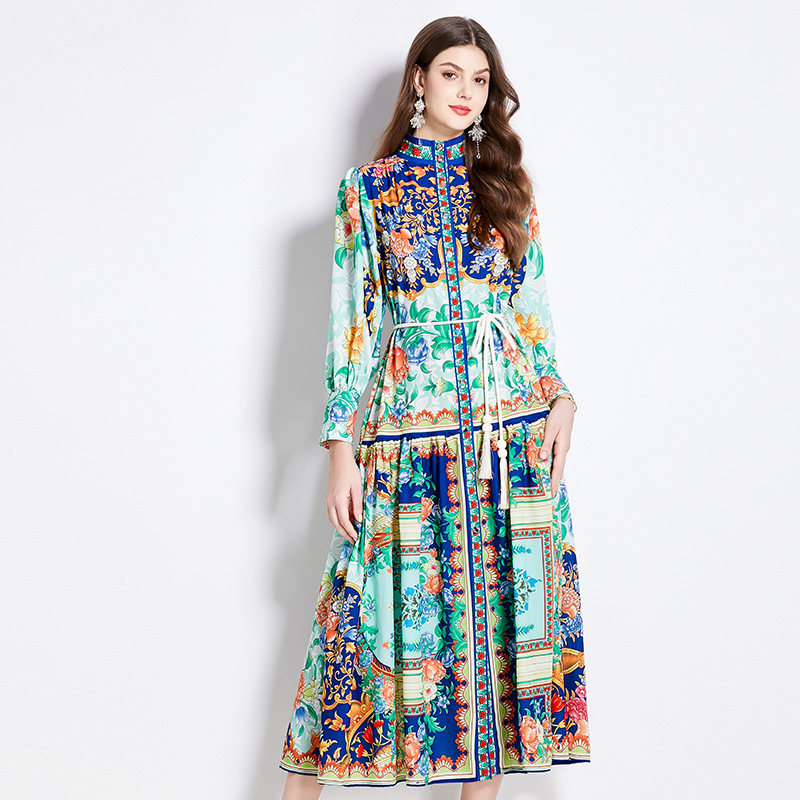 Printing lantern sleeve retro national style dress