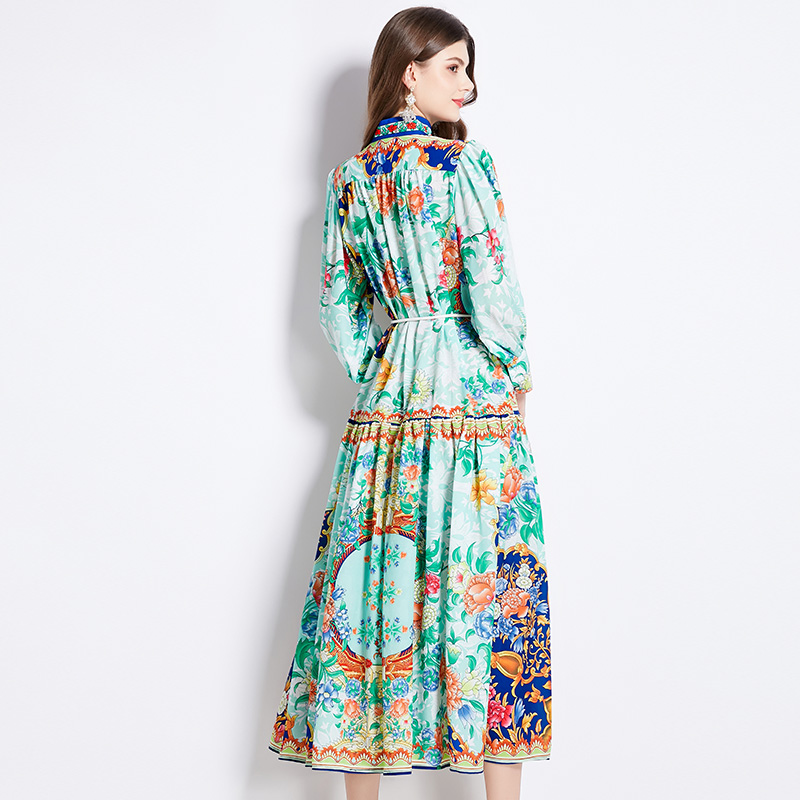 Printing lantern sleeve retro national style dress