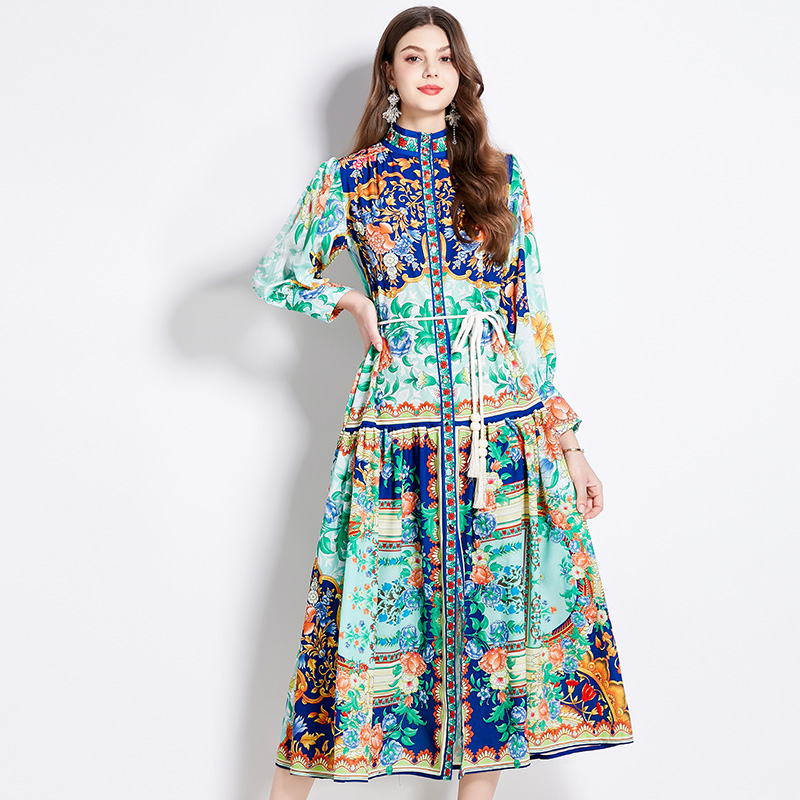 Printing lantern sleeve retro national style dress