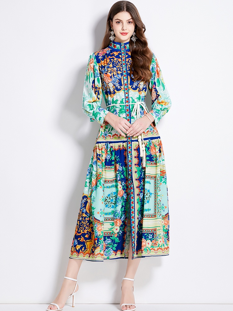 Printing lantern sleeve retro national style dress