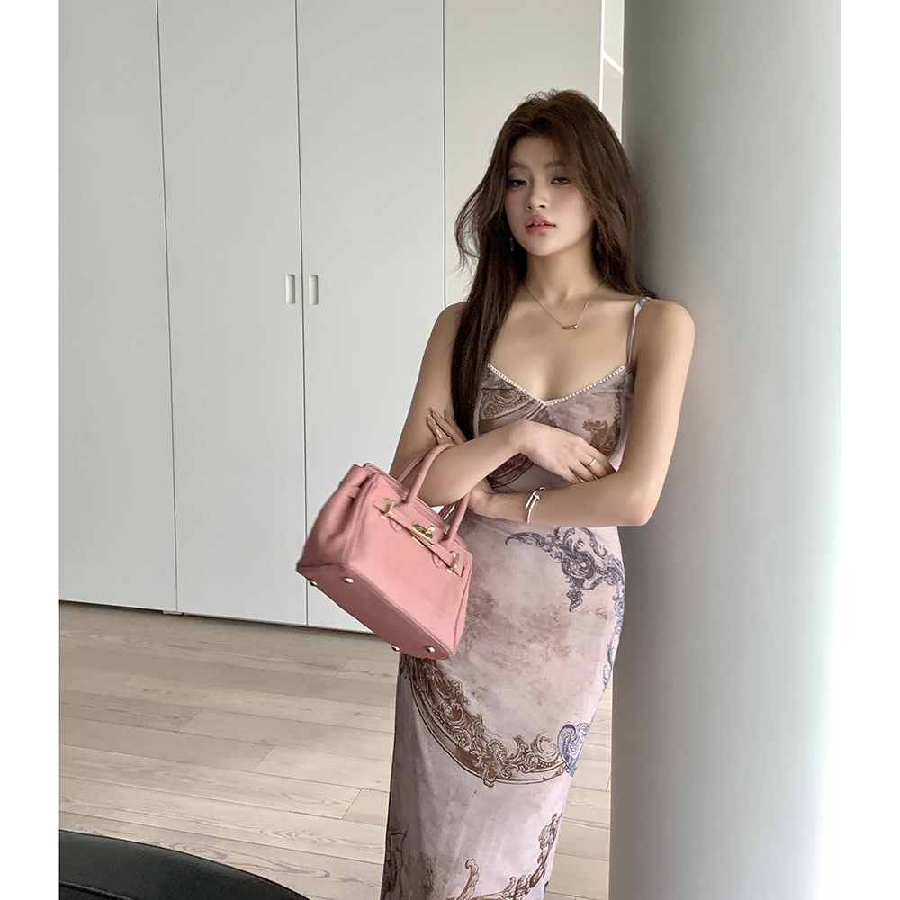 Gauze printing digital long dress slim tender dress for women