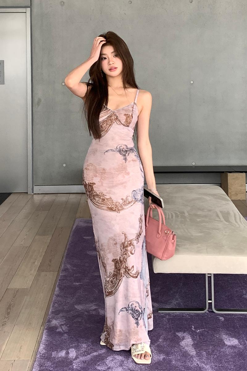 Gauze printing digital long dress slim tender dress for women