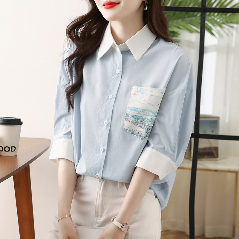 Short sleeve loose tops pocket printing shirt for women