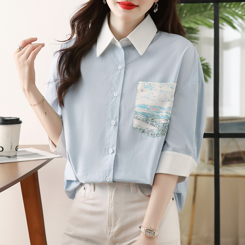 Short sleeve loose tops pocket printing shirt for women