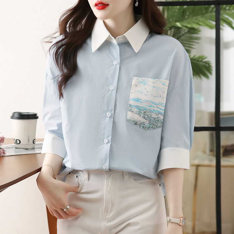 Short sleeve loose tops pocket printing shirt for women