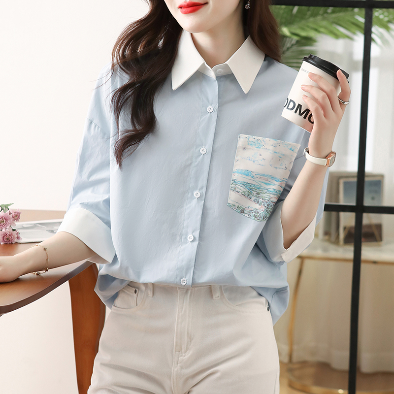 Short sleeve loose tops pocket printing shirt for women