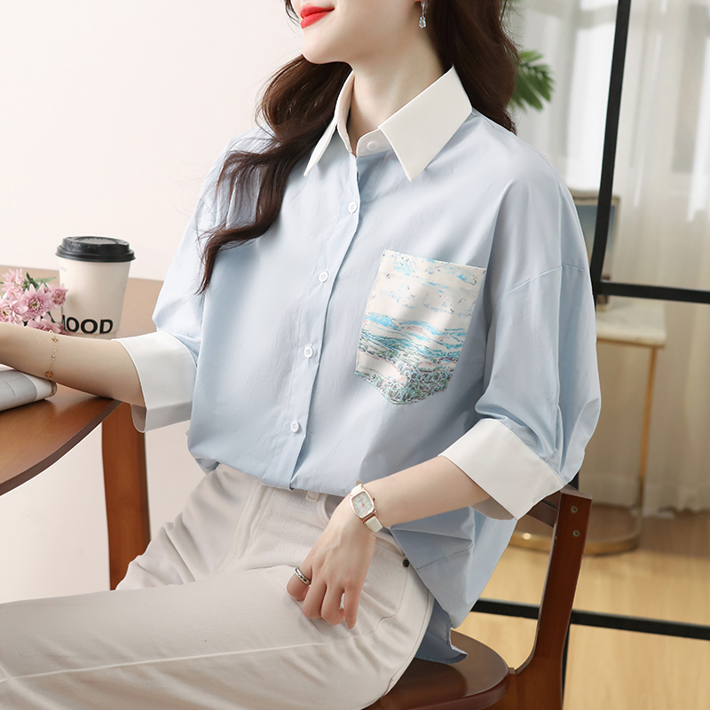 Short sleeve loose tops pocket printing shirt for women