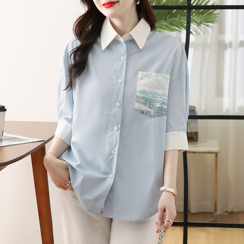 Short sleeve loose tops pocket printing shirt for women