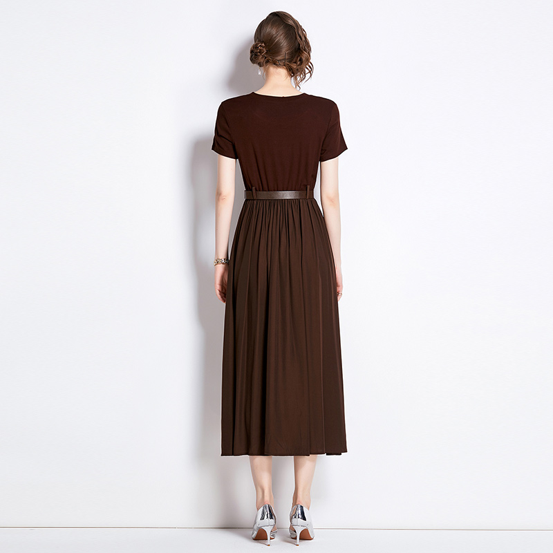 Summer long temperament pinched waist round neck dress