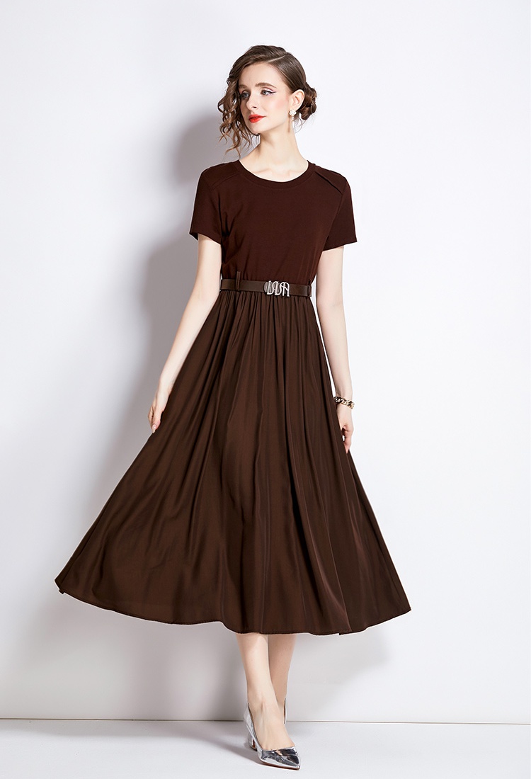 Summer long temperament pinched waist round neck dress