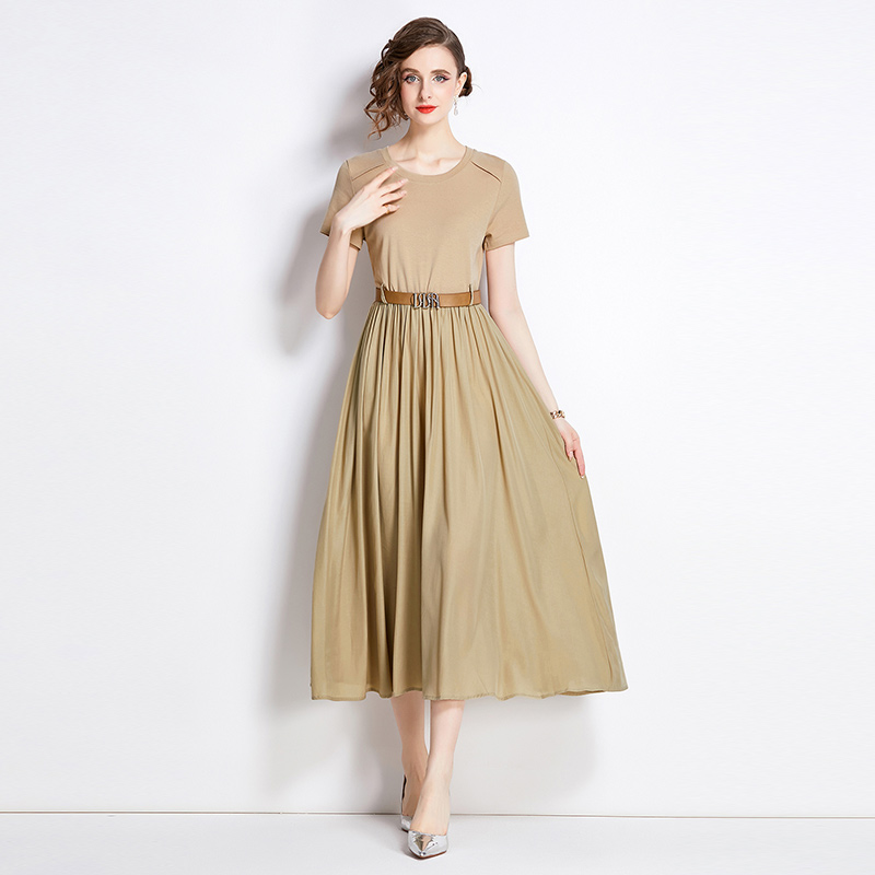 Summer long temperament pinched waist round neck dress