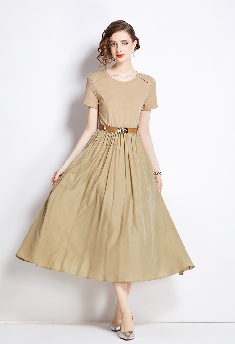 Summer long temperament pinched waist round neck dress