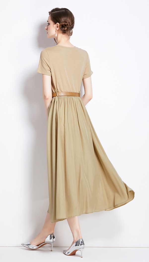 Summer long temperament pinched waist round neck dress