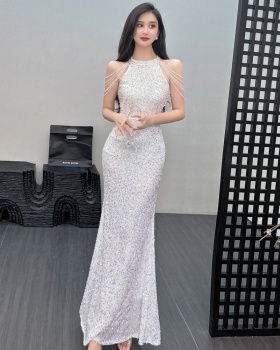 Sequins light luxury formal dress silver evening dress