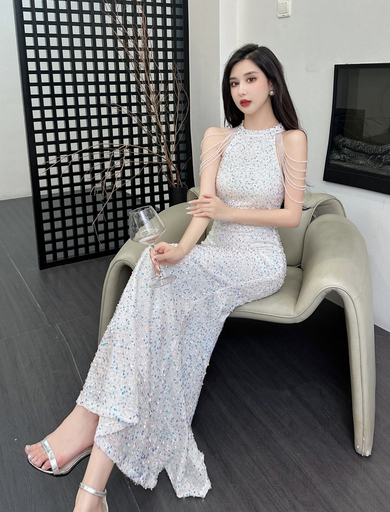 Sequins light luxury formal dress silver evening dress