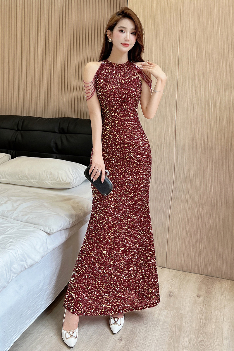 Sequins light luxury formal dress silver evening dress