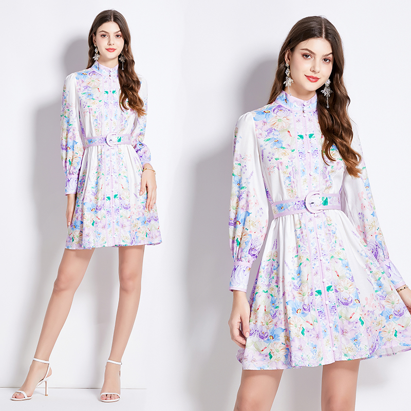 Pinched waist spring retro lantern sleeve dress