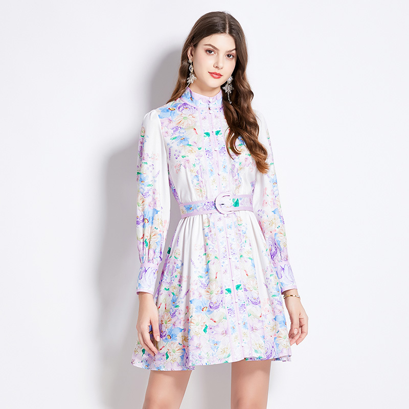 Pinched waist spring retro lantern sleeve dress