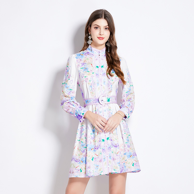 Pinched waist spring retro lantern sleeve dress